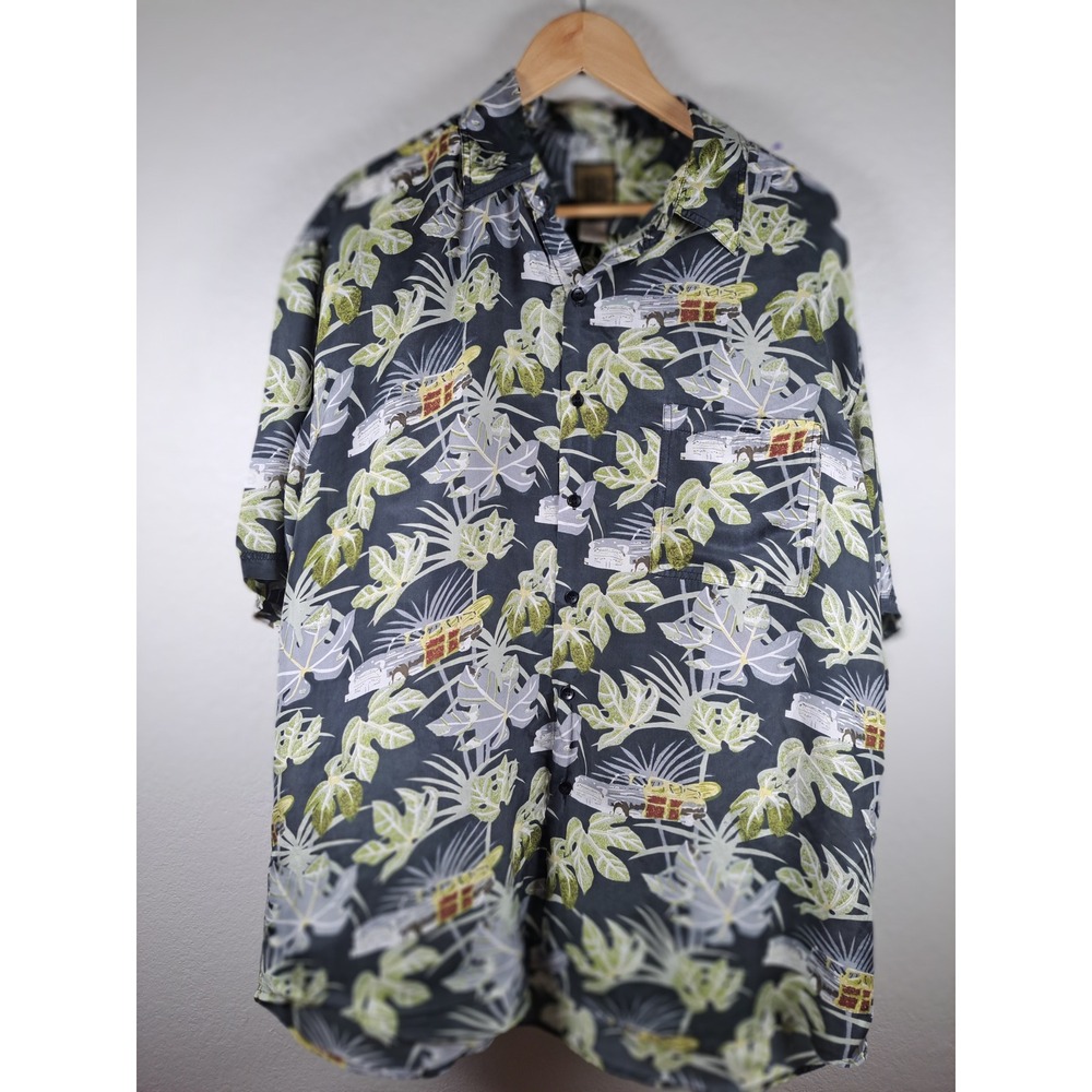 Bruno Mens XL Silk Tropical Woody Wagon Hawaiian Camp Shirt Black Grn Short Slv